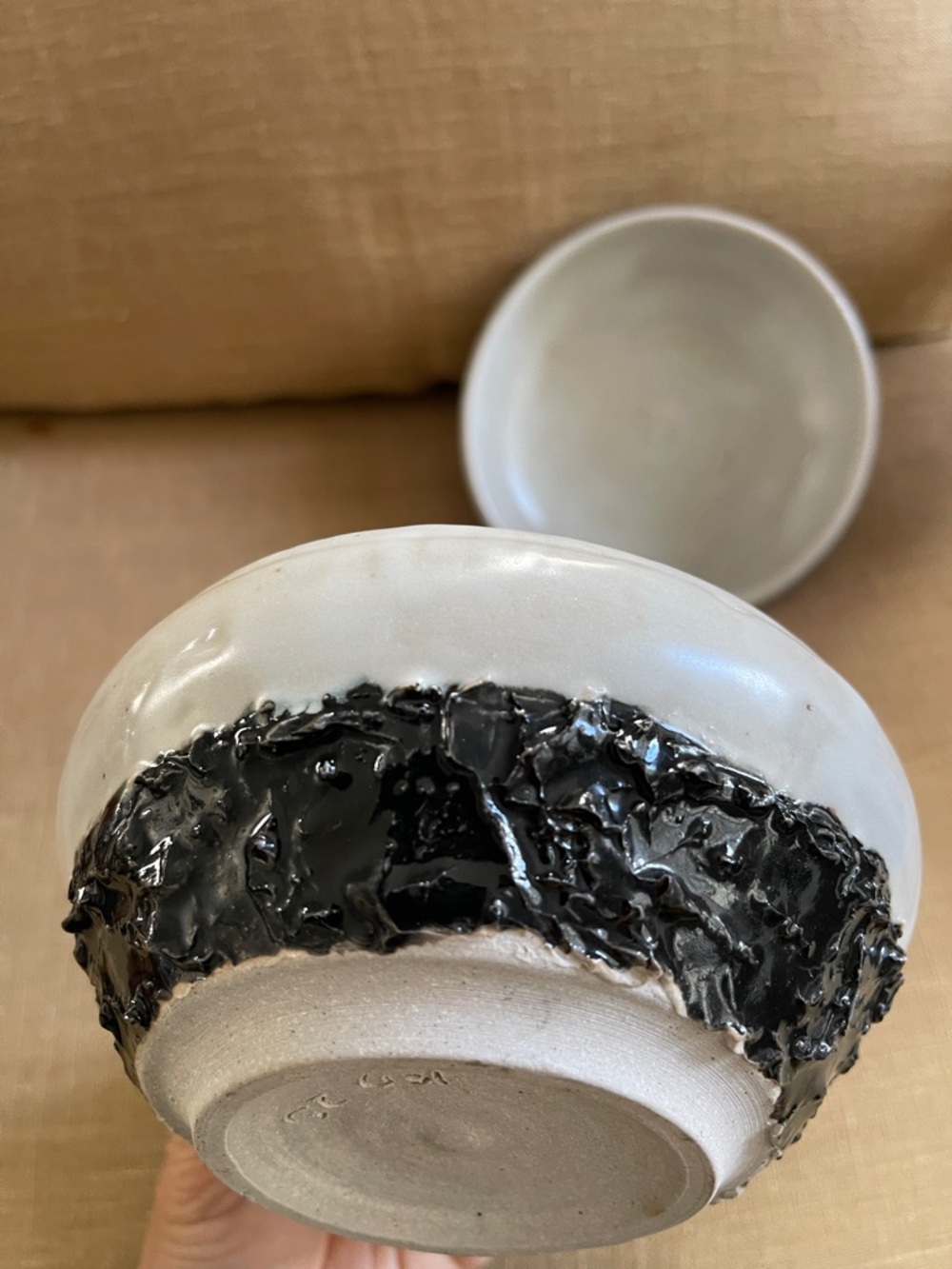 Handcrafted White Ceramic Bowl with Black Glaze Accent - Home Art